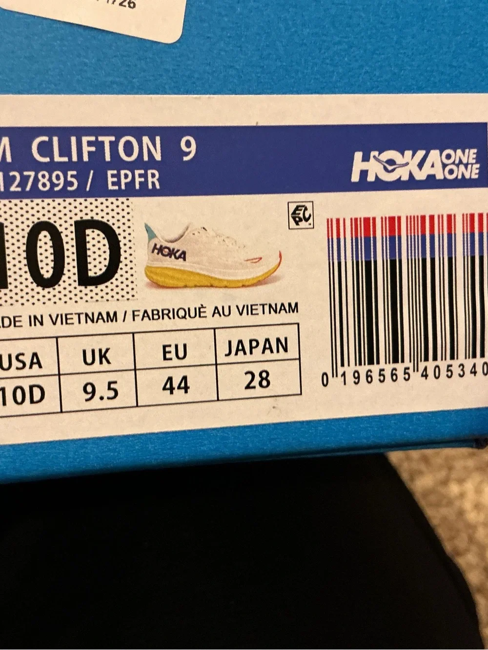 Hoka Men’s Clifton 9 Running Shoes - White with Orange Accents size 10
